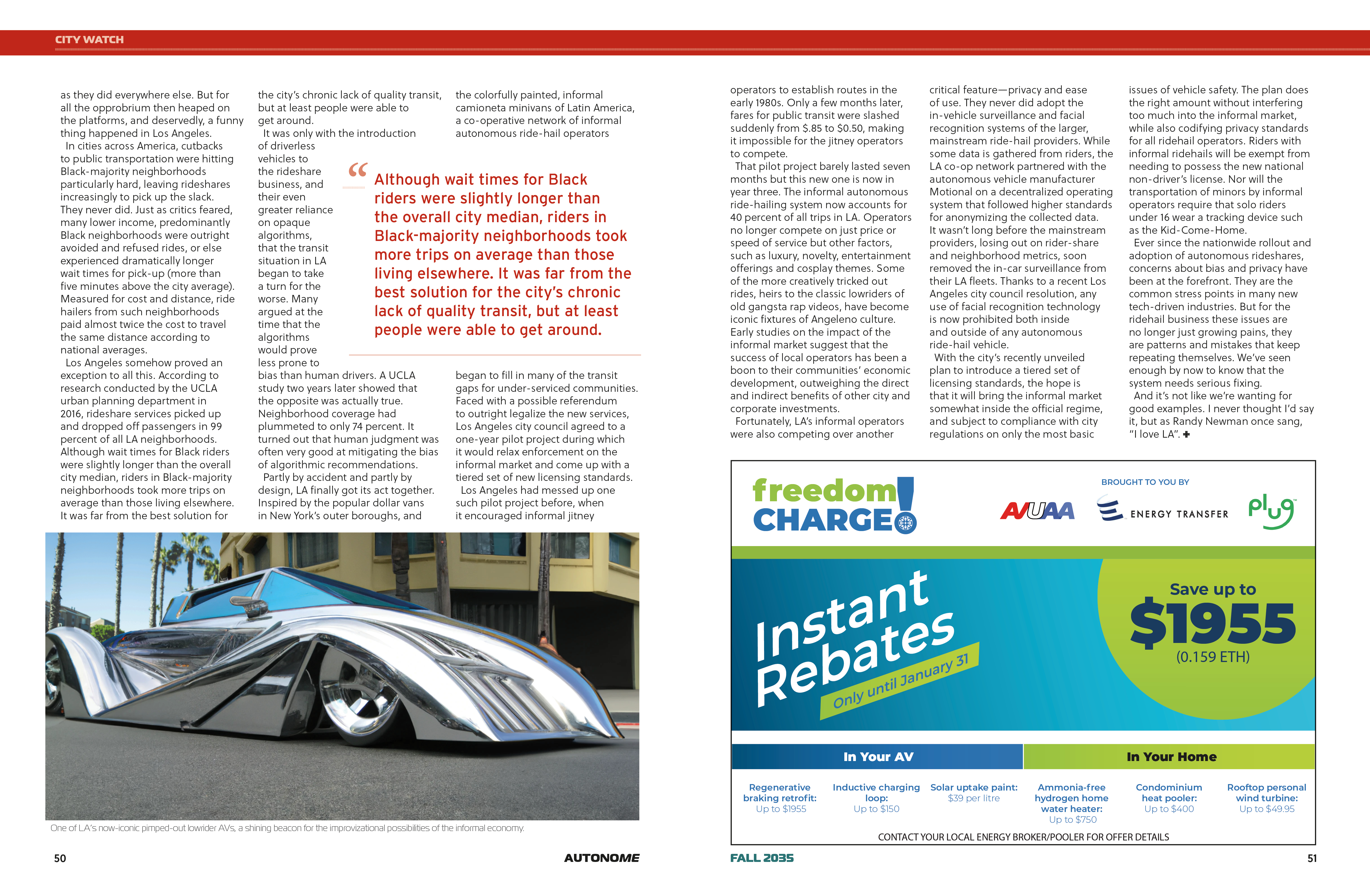 Spread from the Near Future Laboratory's magazine from a possible autonomous vehicle future